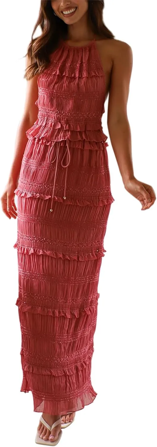 Summer Skirt Sets for Women 2 Piece Outfits Spaghetti Strap Backless Cami Tops Maxi Skirt Y2k Going Out Set