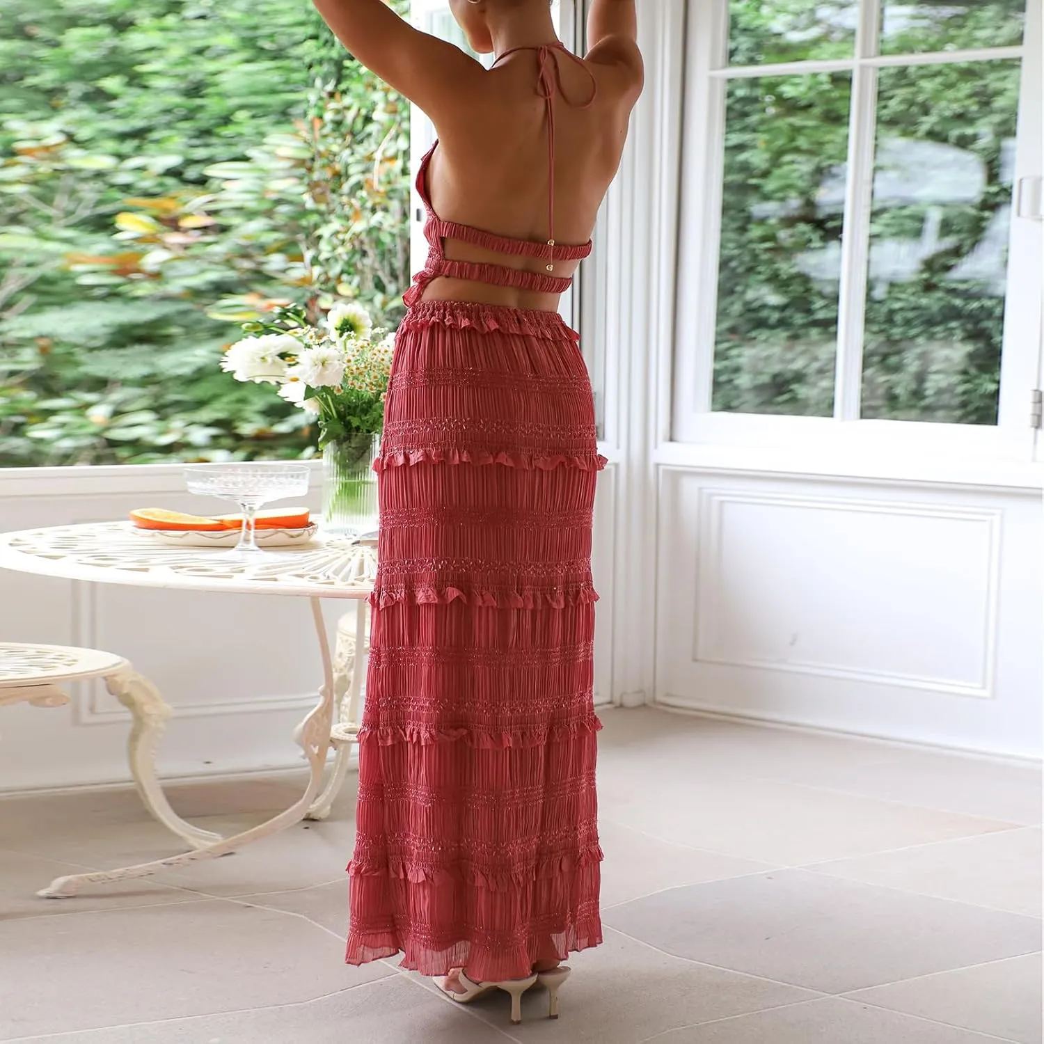 Summer Skirt Sets for Women 2 Piece Outfits Spaghetti Strap Backless Cami Tops Maxi Skirt Y2k Going Out Set