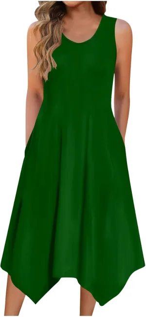 Summer Tank Dresses for Women Aesthetics Crew Neck Sleeveless Irregular Flowy Dance Dress Beach Swing Sundress with Pockets