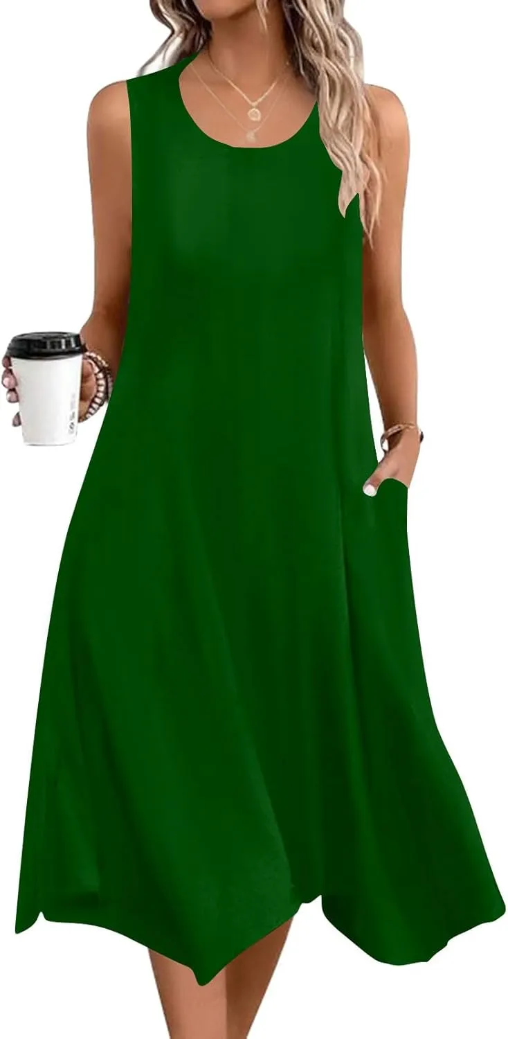 Summer Tank Dresses for Women Aesthetics Crew Neck Sleeveless Irregular Flowy Dance Dress Beach Swing Sundress with Pockets