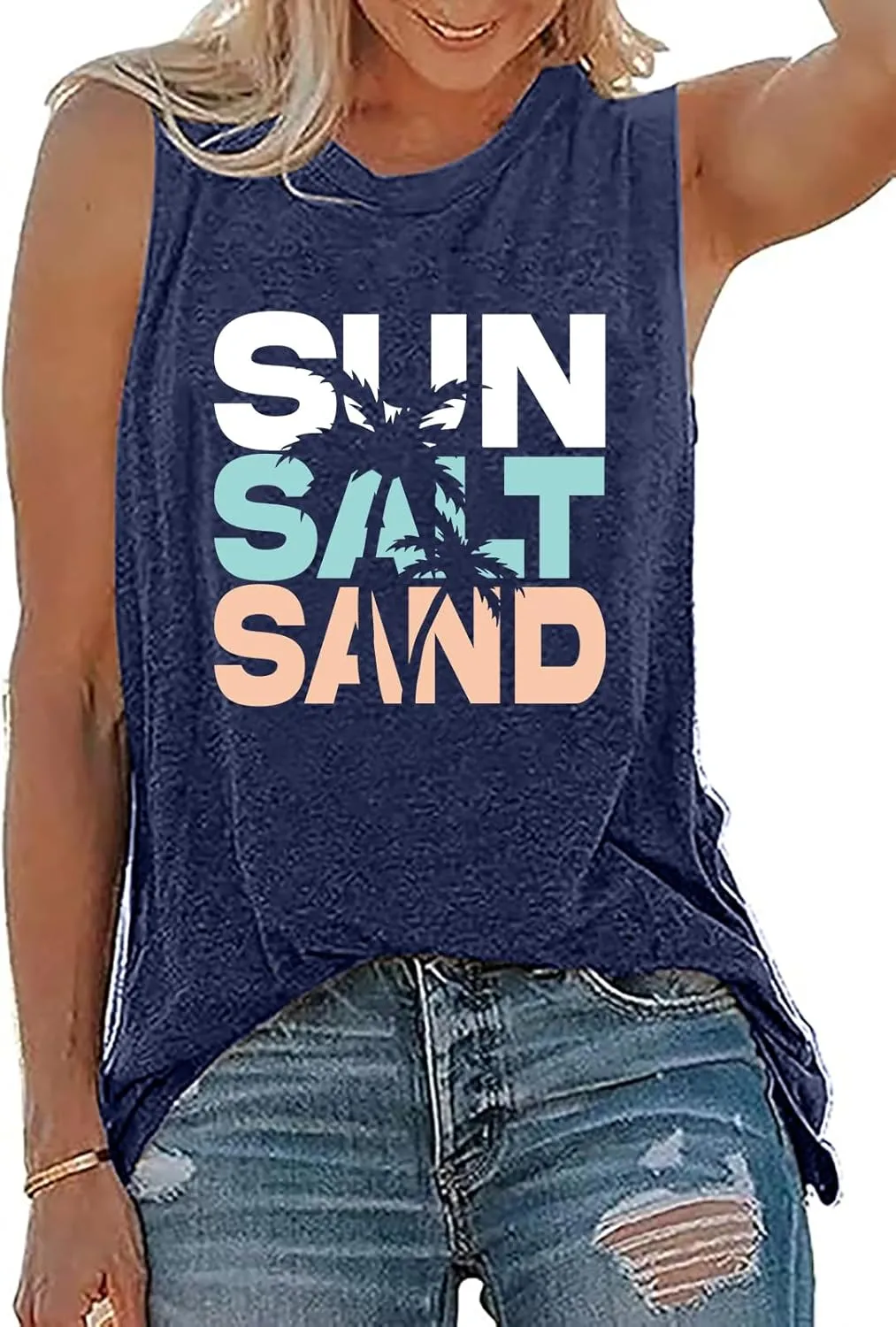 Sun Salt Sand Beach Tank Top for Women Funny Vacation Loose Fit Summer Graphic Vest