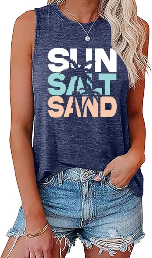Sun Salt Sand Beach Tank Top for Women Funny Vacation Loose Fit Summer Graphic Vest