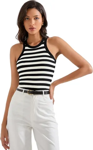SUUKSESS Women Padded Cotton Ribbed Tank Tops 2025 Sleeveless High Neck Racerback Basic Tops(Black White Stripe, S)