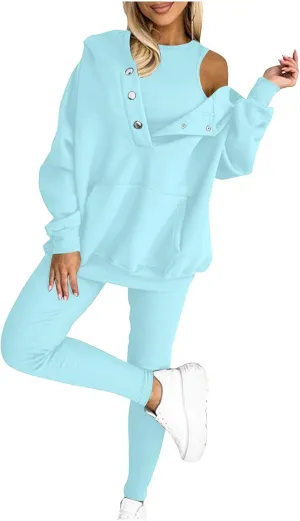 Sweatsuit Set for Women 3 Piece Oversized Outfits, Trendy Hoodie Tank Top Long Pants Matching Lounge Set