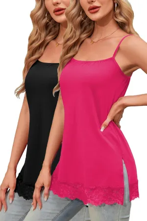 TAIPOVE Camisole Tops for Women Long Lace Cami Cotton Adjustable Strap Tank Top Extender Layering Square Neck 2 Packs