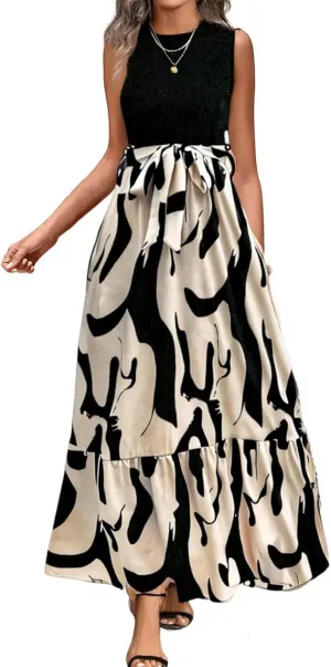 Tank Dresses for Women 2025 Sleeveless Flowy Summer Floral Maxi Dress Tiered Ruffle Empire Waist Patchwork Dress
