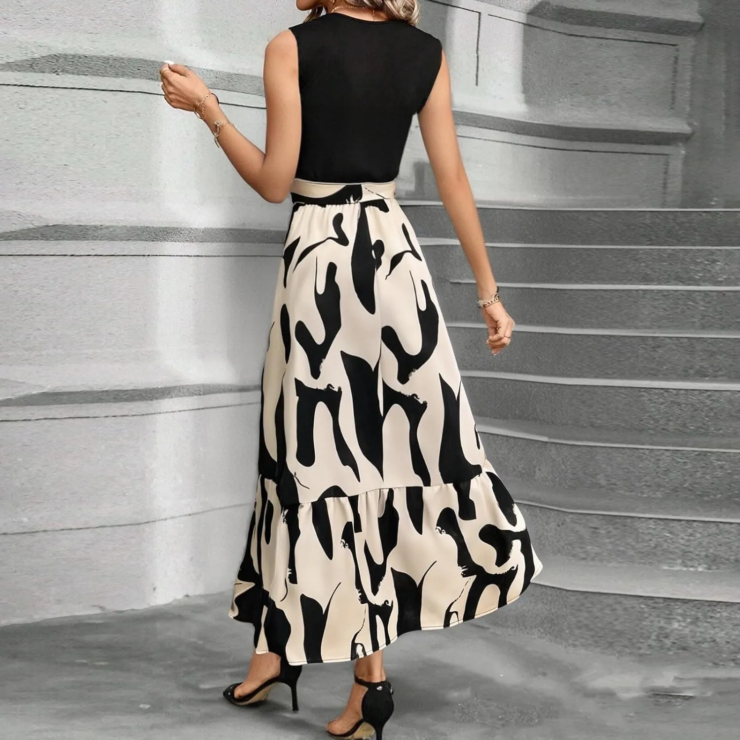 Tank Dresses for Women 2025 Sleeveless Flowy Summer Floral Maxi Dress Tiered Ruffle Empire Waist Patchwork Dress