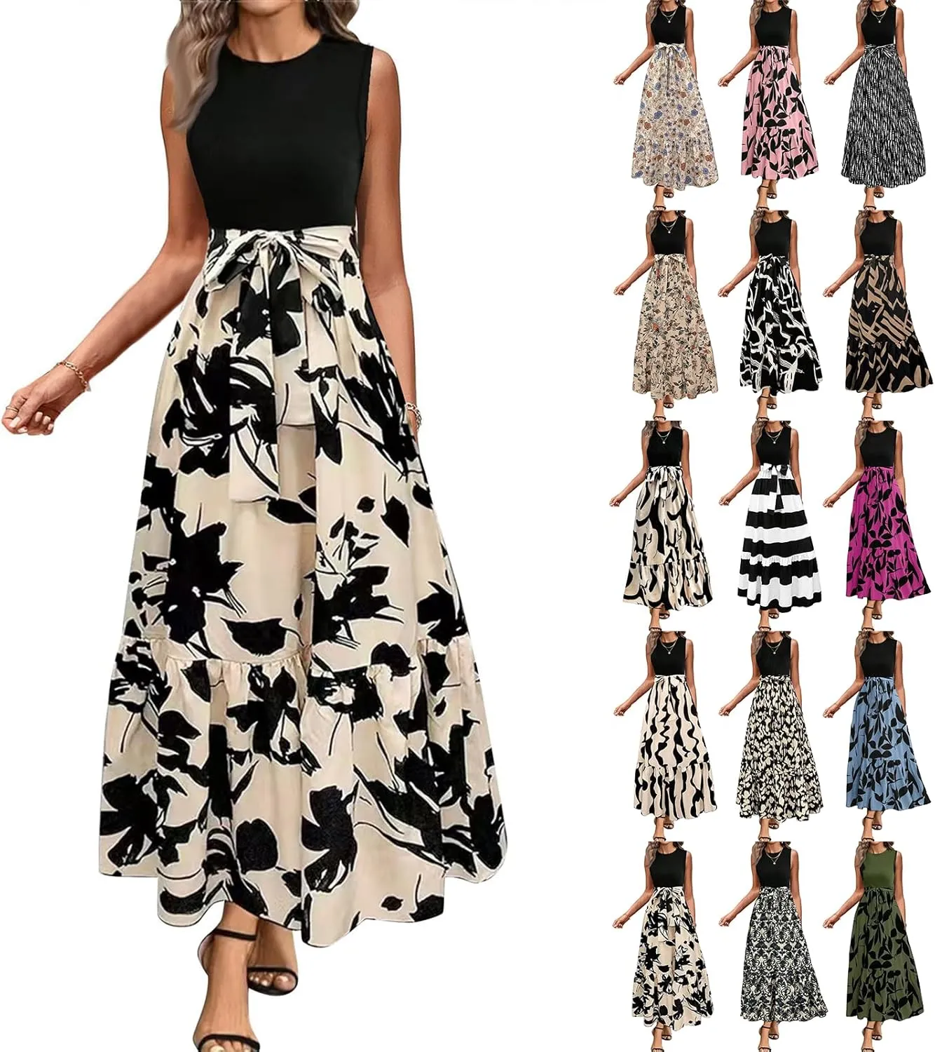 Tank Dresses for Women 2025 Sleeveless Flowy Summer Floral Maxi Dress Tiered Ruffle Empire Waist Patchwork Dress