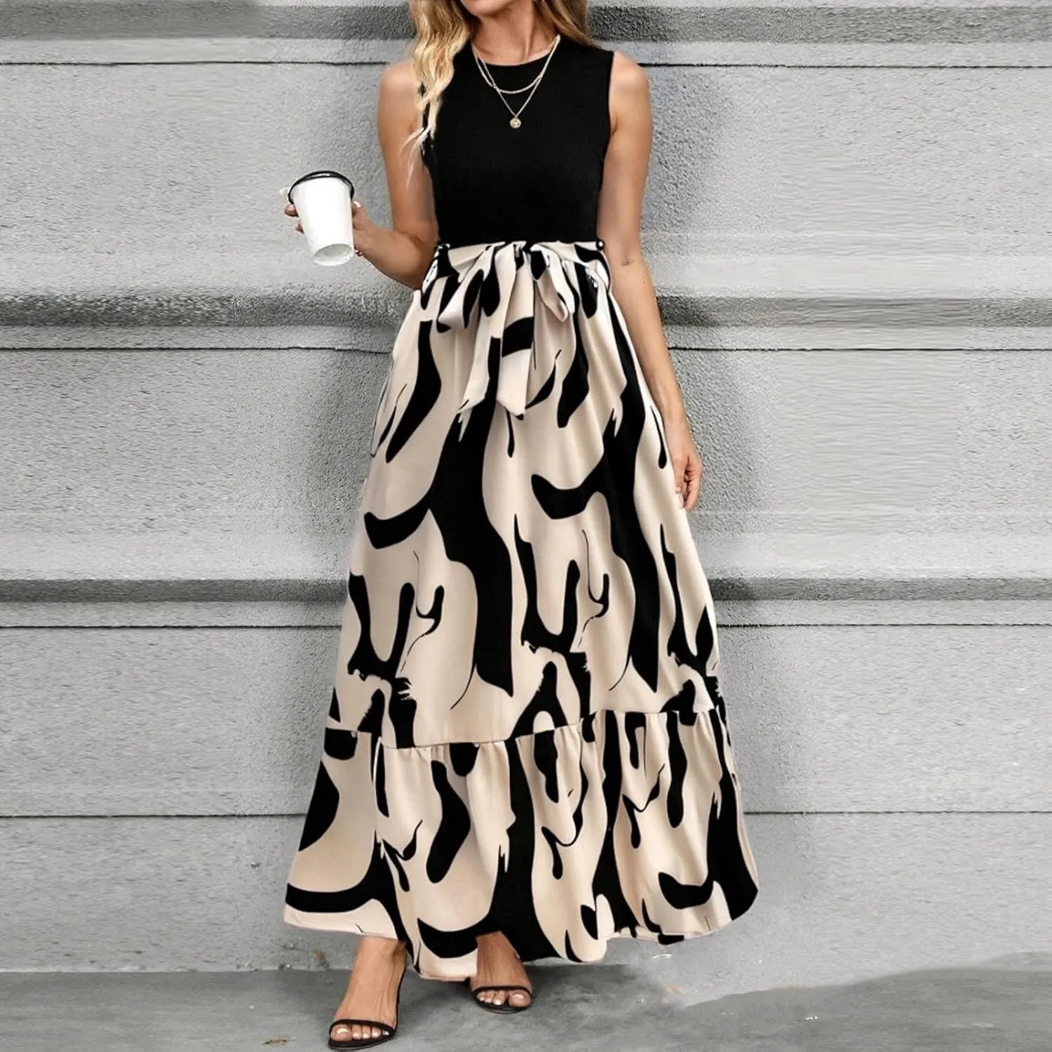 Tank Dresses for Women 2025 Sleeveless Flowy Summer Floral Maxi Dress Tiered Ruffle Empire Waist Patchwork Dress