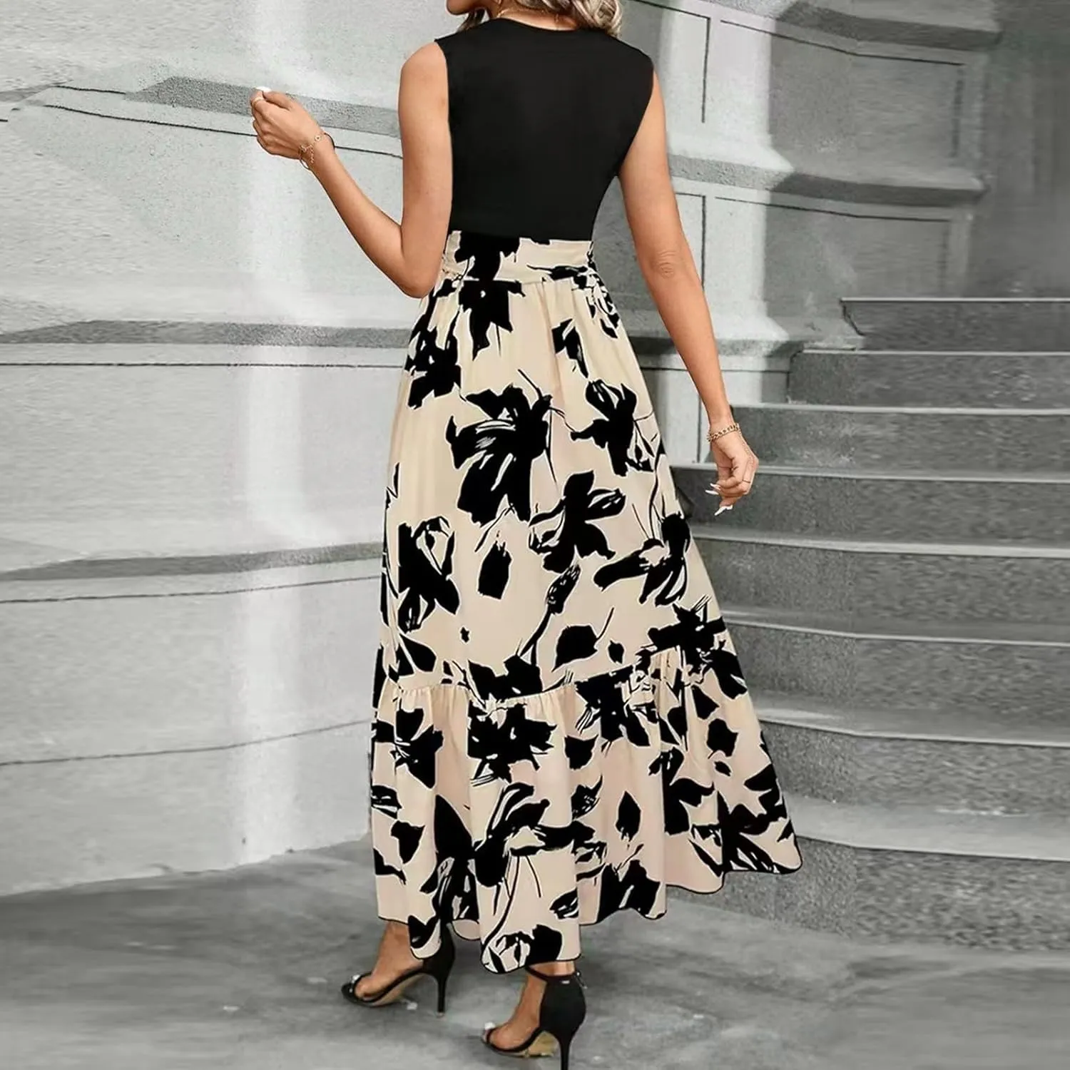 Tank Dresses for Women 2025 Sleeveless Flowy Summer Floral Maxi Dress Tiered Ruffle Empire Waist Patchwork Dress