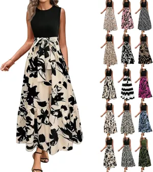 Tank Dresses for Women 2025 Sleeveless Flowy Summer Floral Maxi Dress Tiered Ruffle Empire Waist Patchwork Dress
