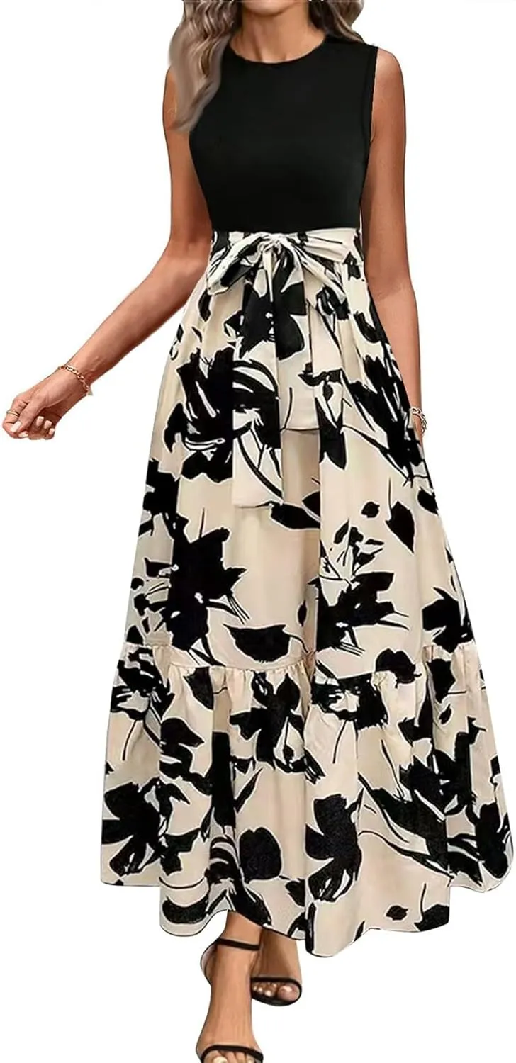 Tank Dresses for Women 2025 Sleeveless Flowy Summer Floral Maxi Dress Tiered Ruffle Empire Waist Patchwork Dress