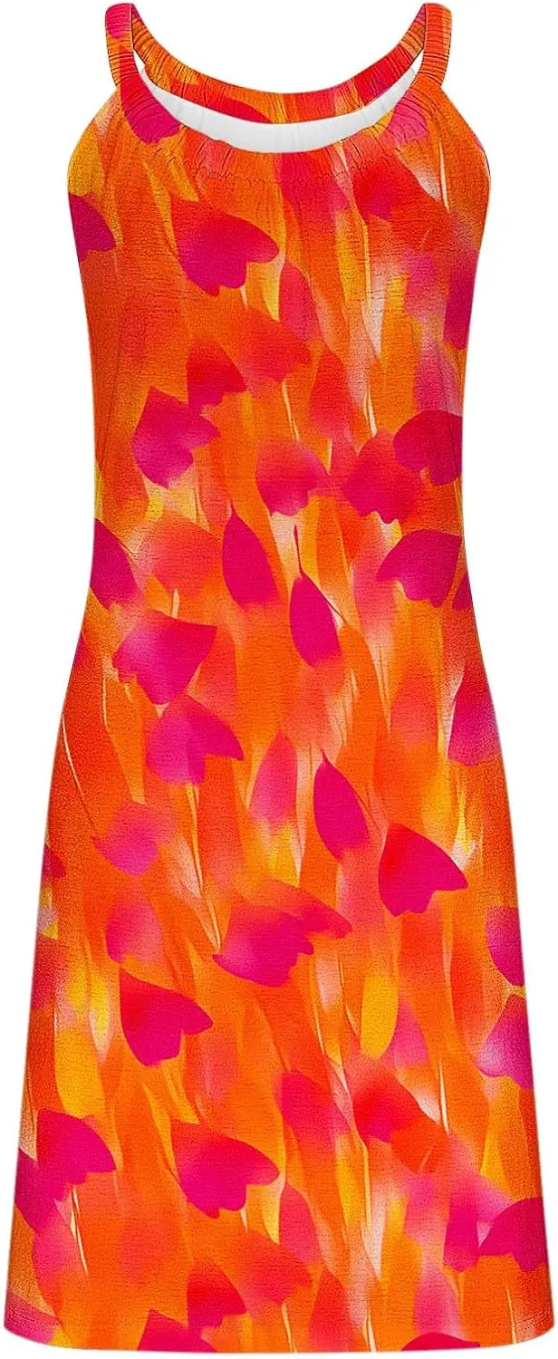 Tank Dresses for Women Vacation Hawaii Sleeveless Knee Length Casual Boho Floral Dresses Vintage Flower Print Sundress