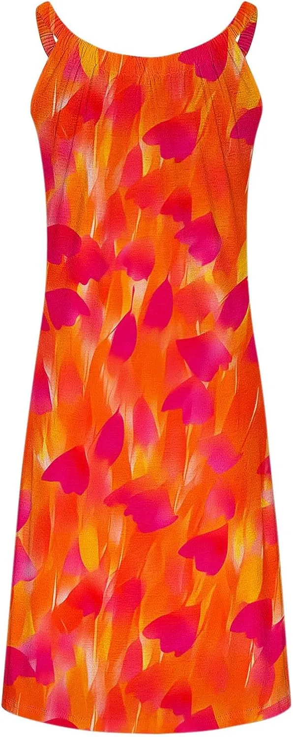 Tank Dresses for Women Vacation Hawaii Sleeveless Knee Length Casual Boho Floral Dresses Vintage Flower Print Sundress