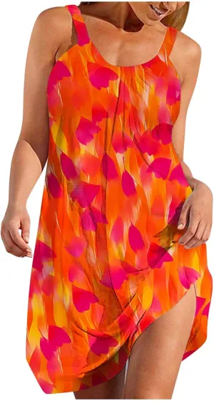 Tank Dresses for Women Vacation Hawaii Sleeveless Knee Length Casual Boho Floral Dresses Vintage Flower Print Sundress