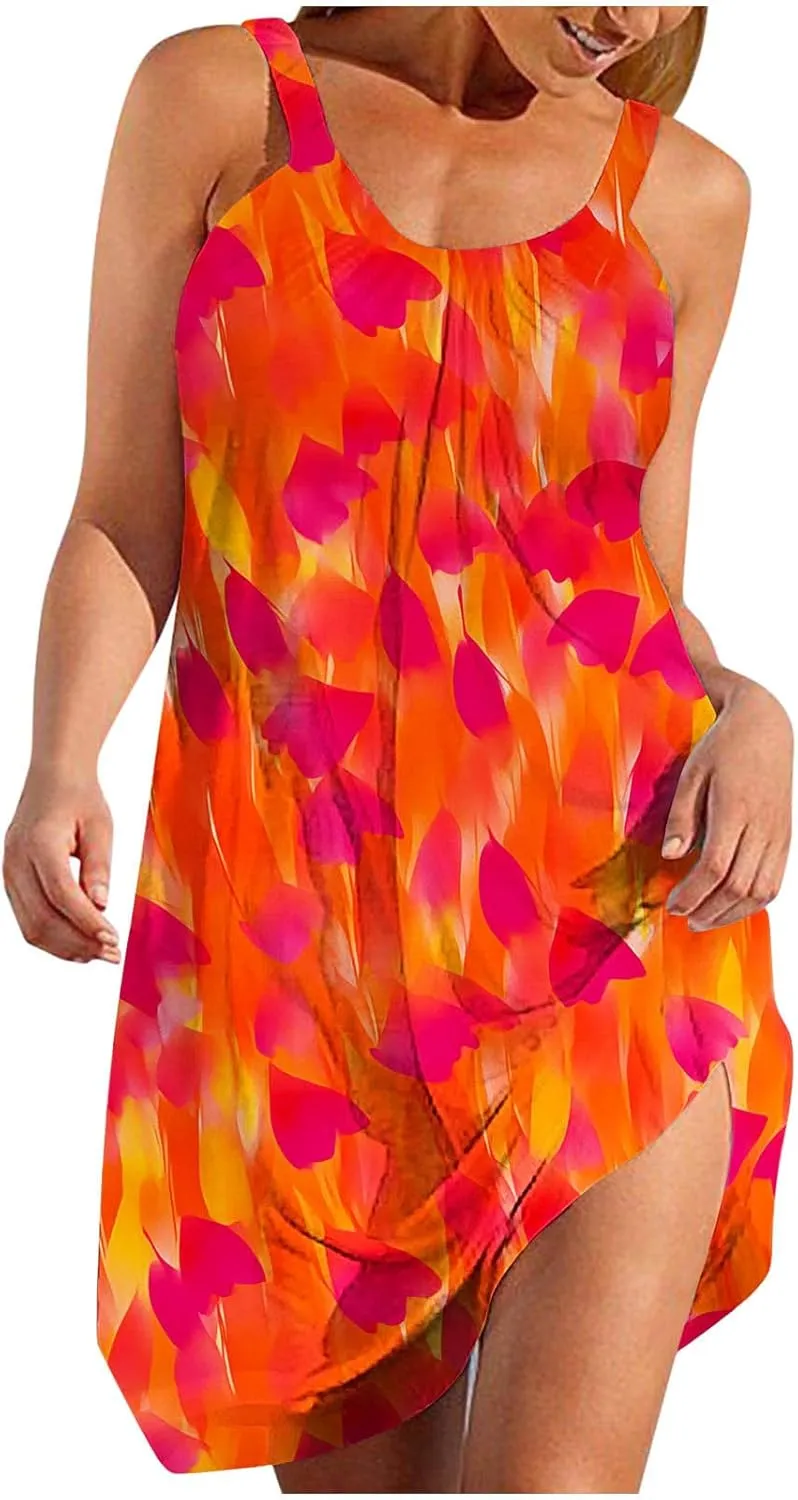 Tank Dresses for Women Vacation Hawaii Sleeveless Knee Length Casual Boho Floral Dresses Vintage Flower Print Sundress