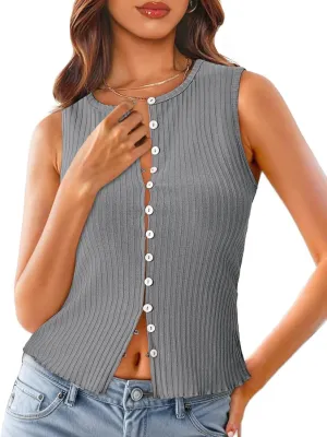 Tankaneo Womens Going Out Tops Summer Cute Ribbed Tank Crop Button Up Vest Top Y2K Sexy Outfits
