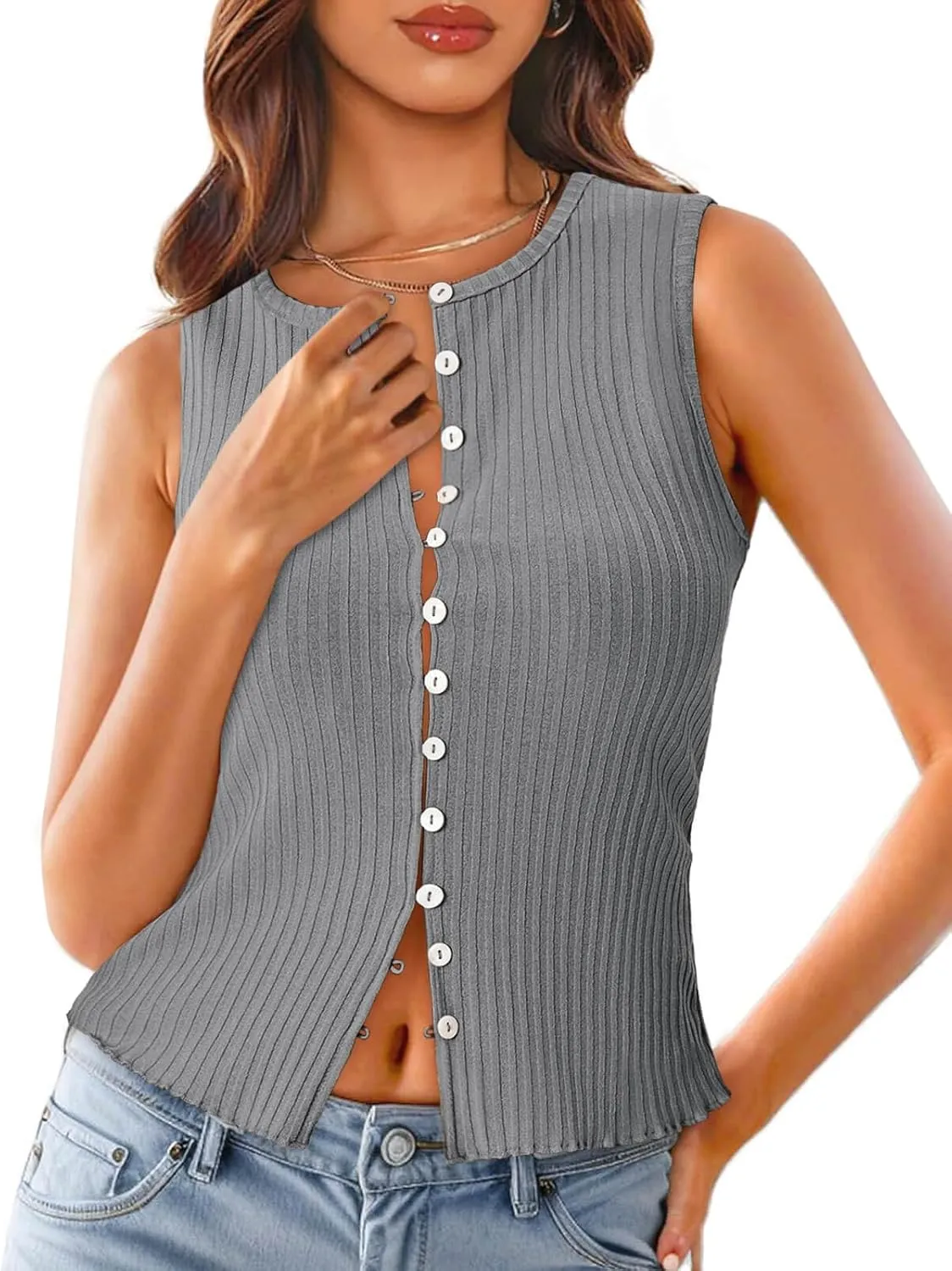 Tankaneo Womens Going Out Tops Summer Cute Ribbed Tank Crop Button Up Vest Top Y2K Sexy Outfits