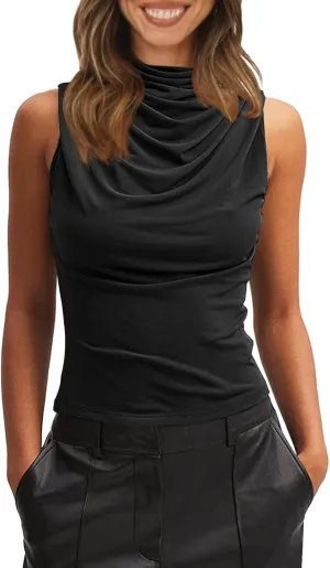 Tankaneo Womens Sleeveless Tank Tops Slim Fitted Mock Neck Draped Stretchy Summer Casual Ruched Tops