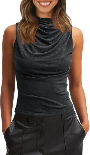 Tankaneo Womens Sleeveless Tank Tops Slim Fitted Mock Neck Draped Stretchy Summer Casual Ruched Tops