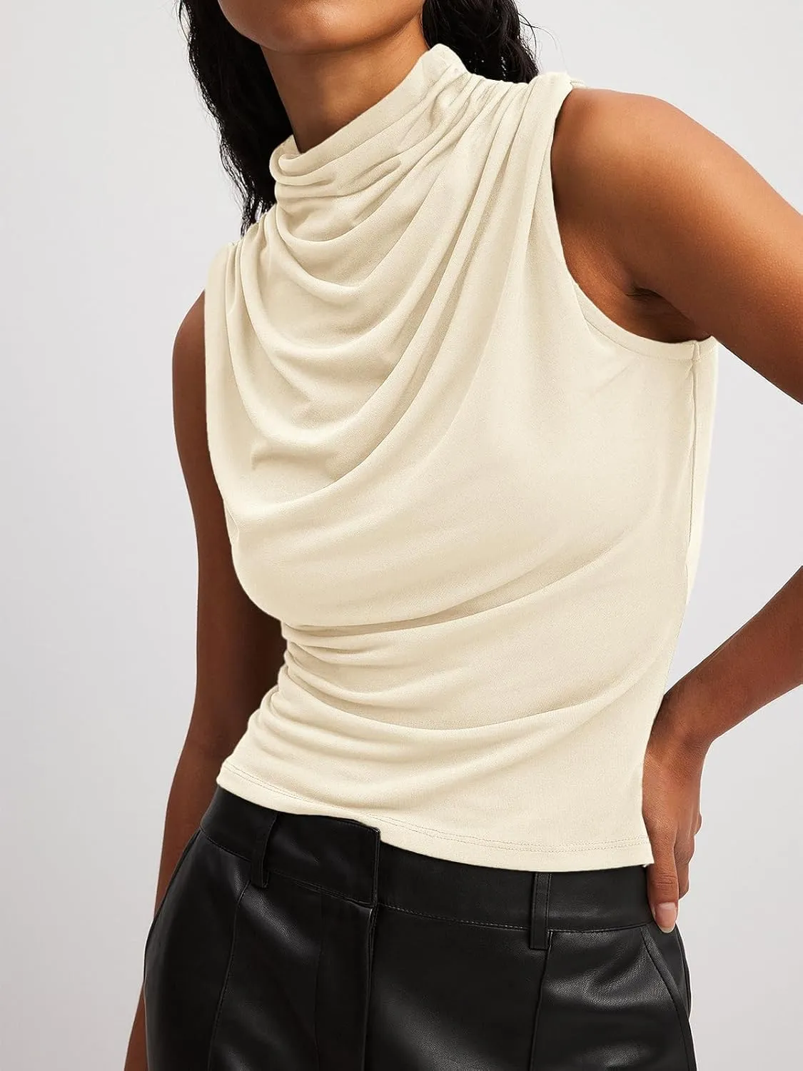 Tankaneo Womens Sleeveless Tank Tops Slim Fitted Mock Neck Draped Stretchy Summer Casual Ruched Tops