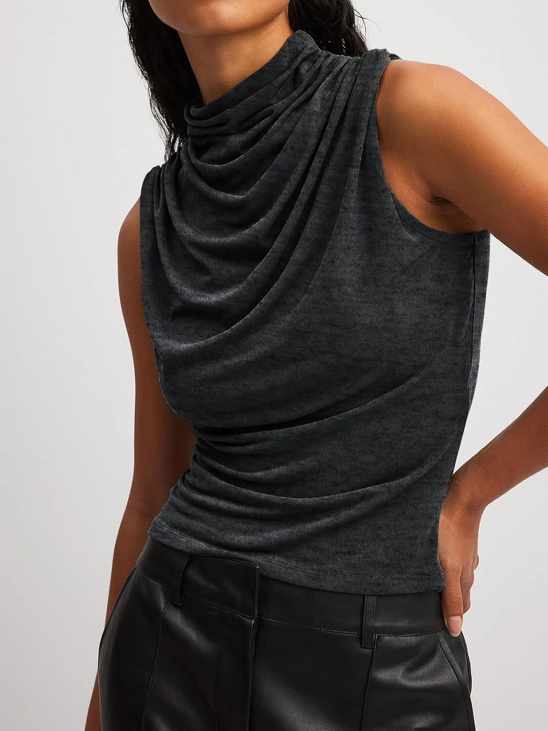 Tankaneo Womens Sleeveless Tank Tops Slim Fitted Mock Neck Draped Stretchy Summer Casual Ruched Tops
