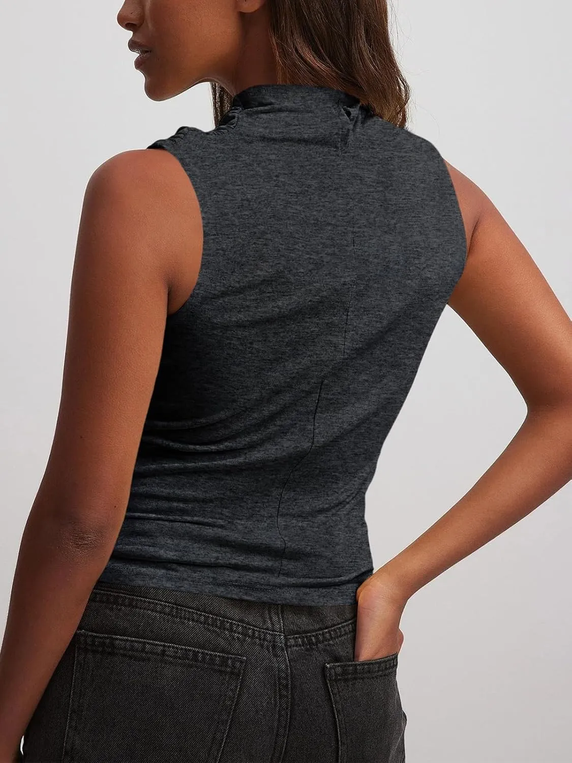Tankaneo Womens Sleeveless Tank Tops Slim Fitted Mock Neck Draped Stretchy Summer Casual Ruched Tops