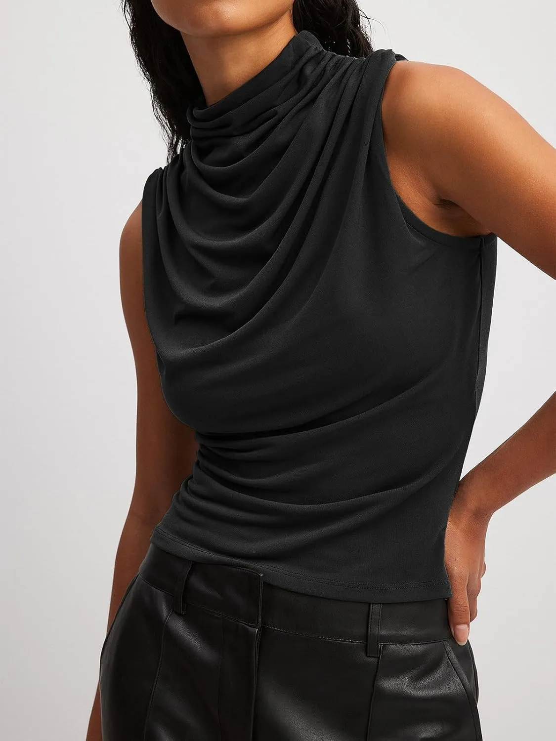 Tankaneo Womens Sleeveless Tank Tops Slim Fitted Mock Neck Draped Stretchy Summer Casual Ruched Tops