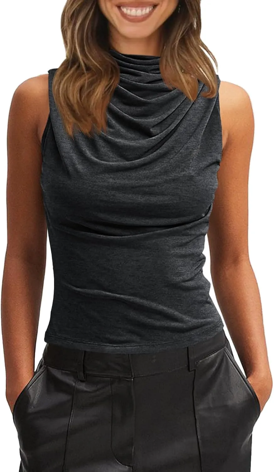 Tankaneo Womens Sleeveless Tank Tops Slim Fitted Mock Neck Draped Stretchy Summer Casual Ruched Tops