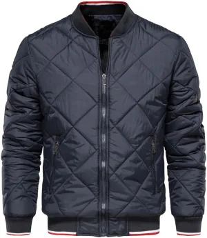 TEMKIN Men Quilted Puffer Bomber Jacket Winter Casual Stand Collar Solid Color Warm Zipper Loose Lightweight Cotton Padded Coat (Color : Navy, Size : Large)