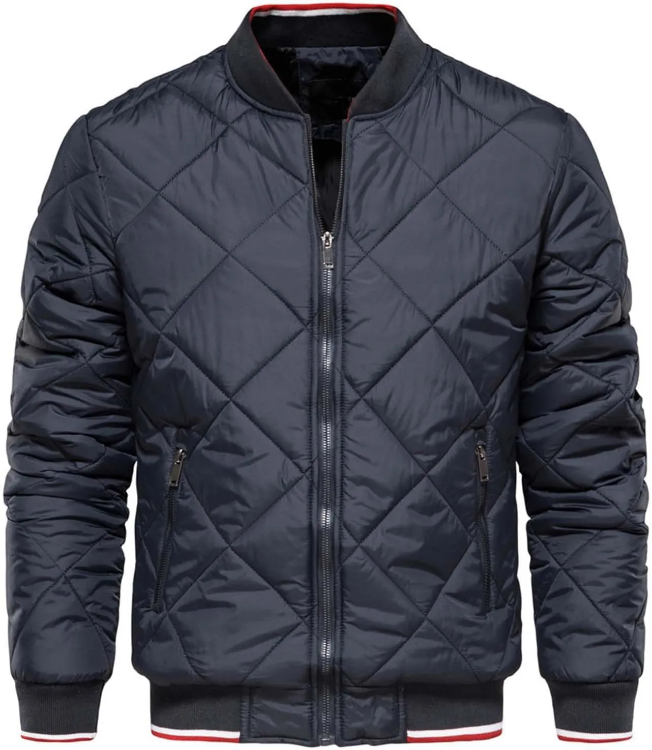 TEMKIN Men Quilted Puffer Bomber Jacket Winter Casual Stand Collar Solid Color Warm Zipper Loose Lightweight Cotton Padded Coat (Color : Navy, Size : Large)