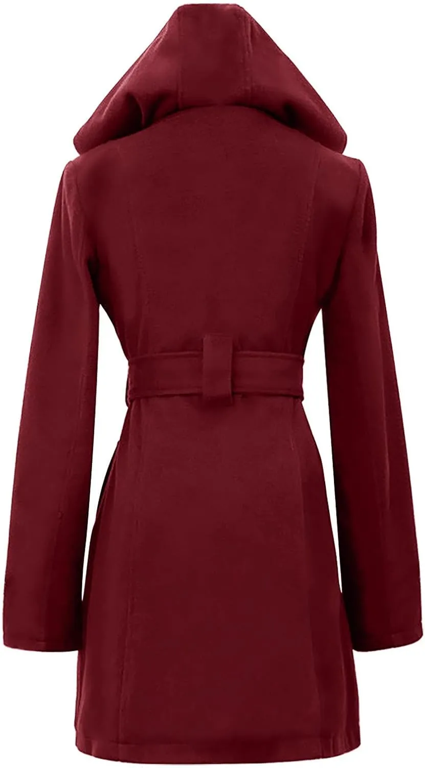 TIMIFIS Womens Trench Coats with Hood Plus Size Double Breasted Wool Jackets Plaid Warm Pea Coats with Belt Pockets