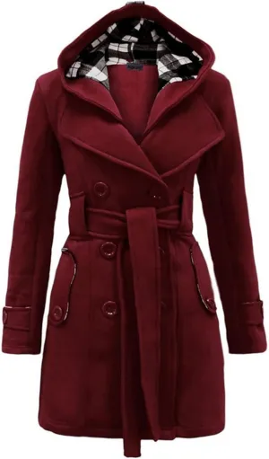 TIMIFIS Womens Trench Coats with Hood Plus Size Double Breasted Wool Jackets Plaid Warm Pea Coats with Belt Pockets