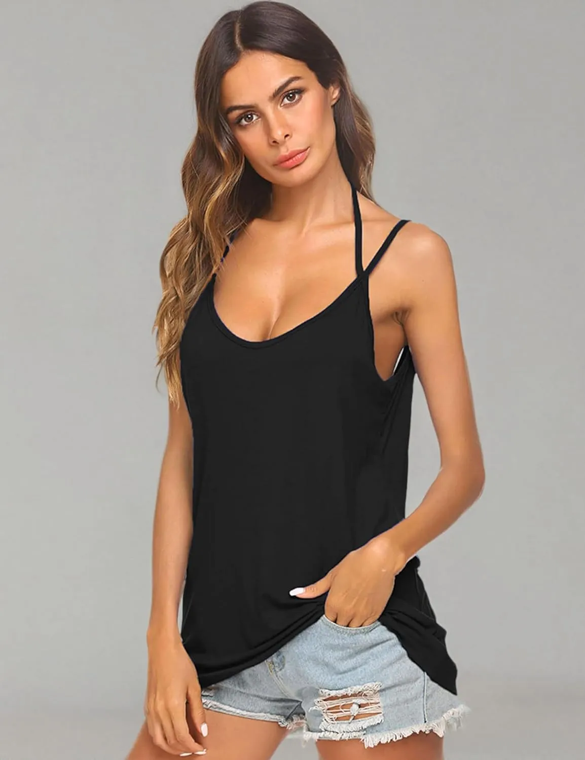 Tobrief Women's Sexy V Neck Halter Spaghetti Strap Backless Cami Tank Top