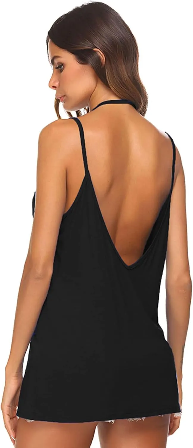 Tobrief Women's Sexy V Neck Halter Spaghetti Strap Backless Cami Tank Top