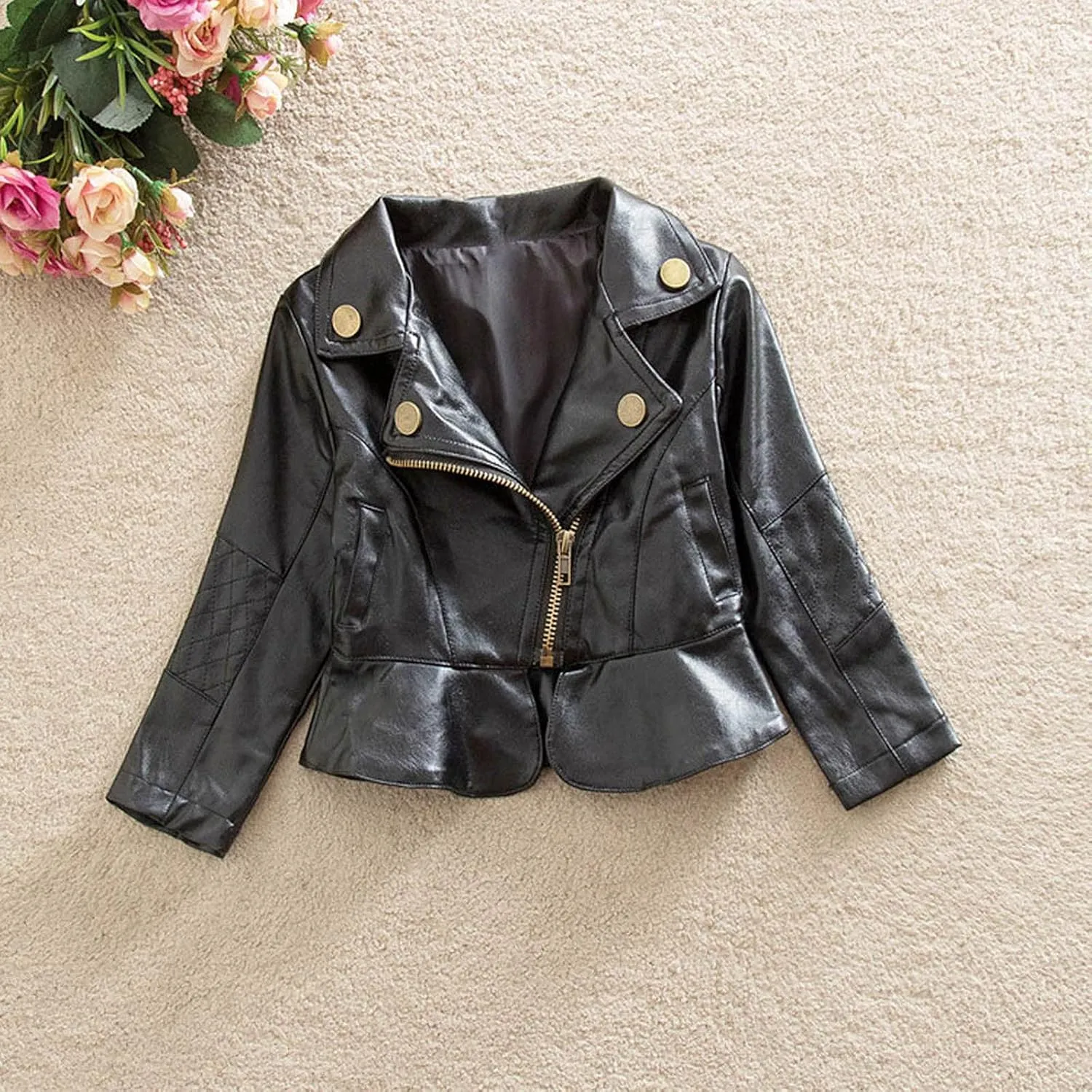 Toddler Boy Girl Motorcycle Faux Leather Jackets Lapel Crop Long Sleeve Button Fall Winter Outerwear Coat