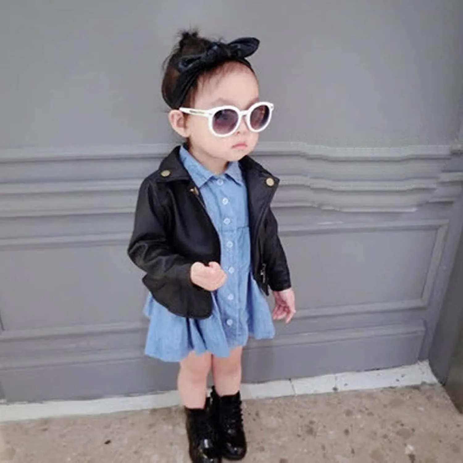 Toddler Boy Girl Motorcycle Faux Leather Jackets Lapel Crop Long Sleeve Button Fall Winter Outerwear Coat