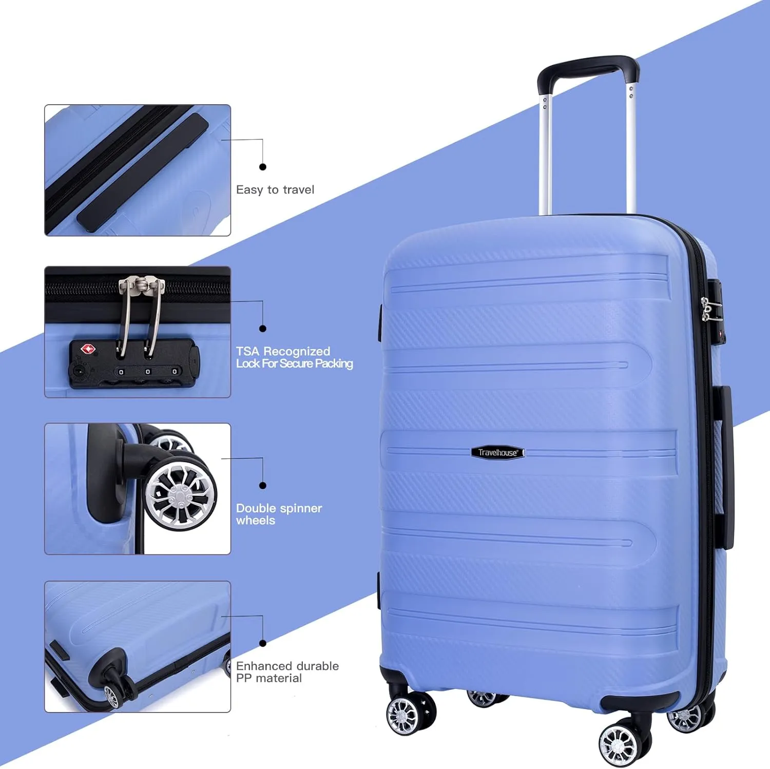 Travelhouse Luggage Set with Double Spinner Wheel,PP Hardside 3 PIECE Suitcase Set with Spinner Wheel, Carry on set with TSA Lock (BLUE)