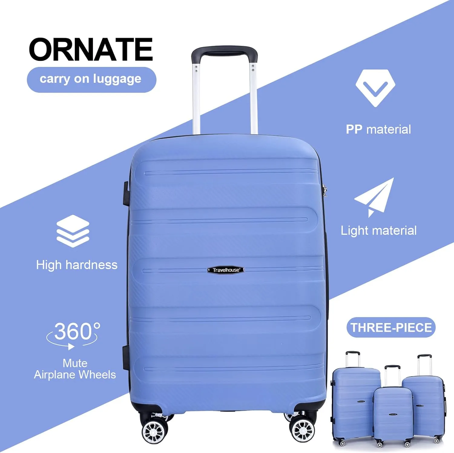 Travelhouse Luggage Set with Double Spinner Wheel,PP Hardside 3 PIECE Suitcase Set with Spinner Wheel, Carry on set with TSA Lock (BLUE)