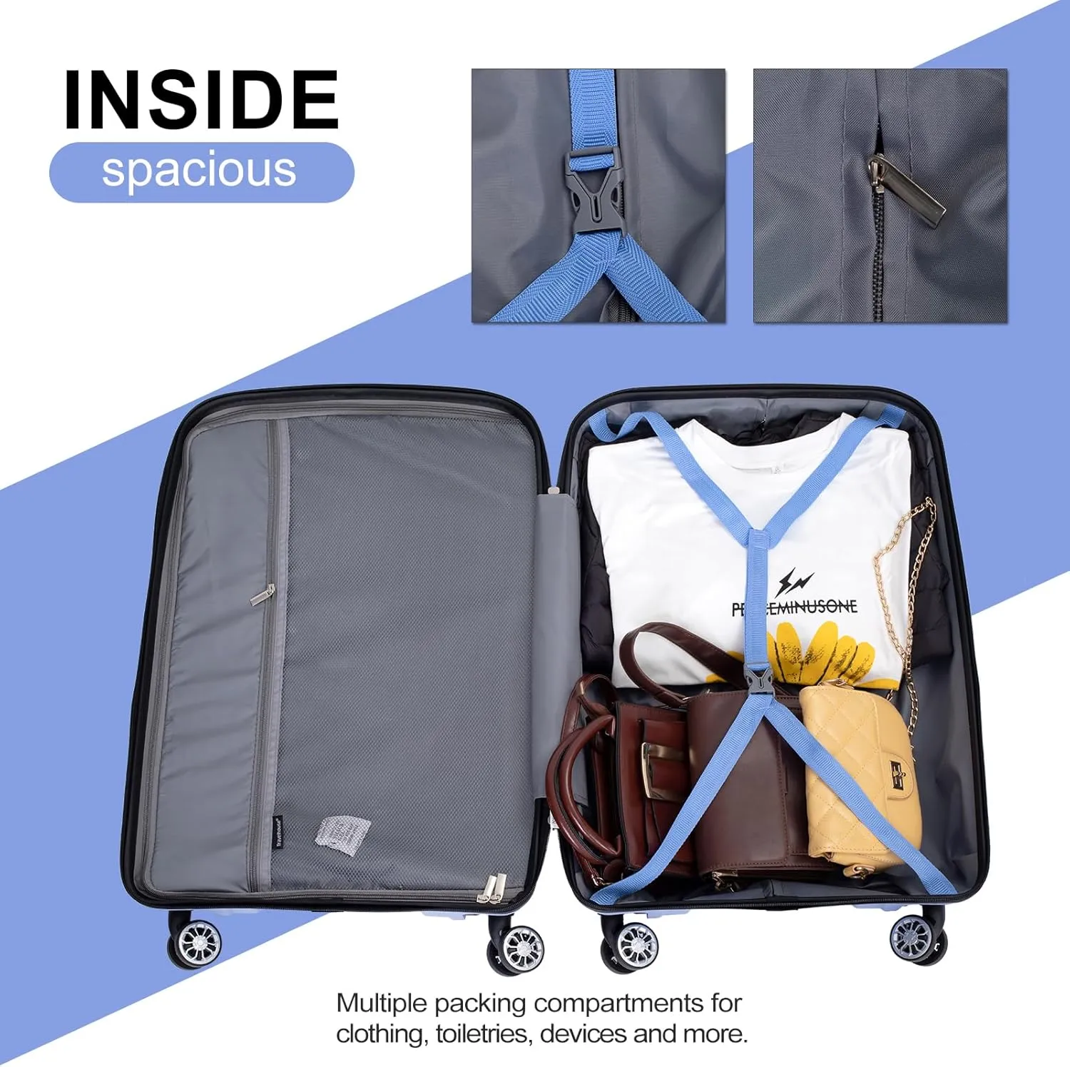 Travelhouse Luggage Set with Double Spinner Wheel,PP Hardside 3 PIECE Suitcase Set with Spinner Wheel, Carry on set with TSA Lock (BLUE)