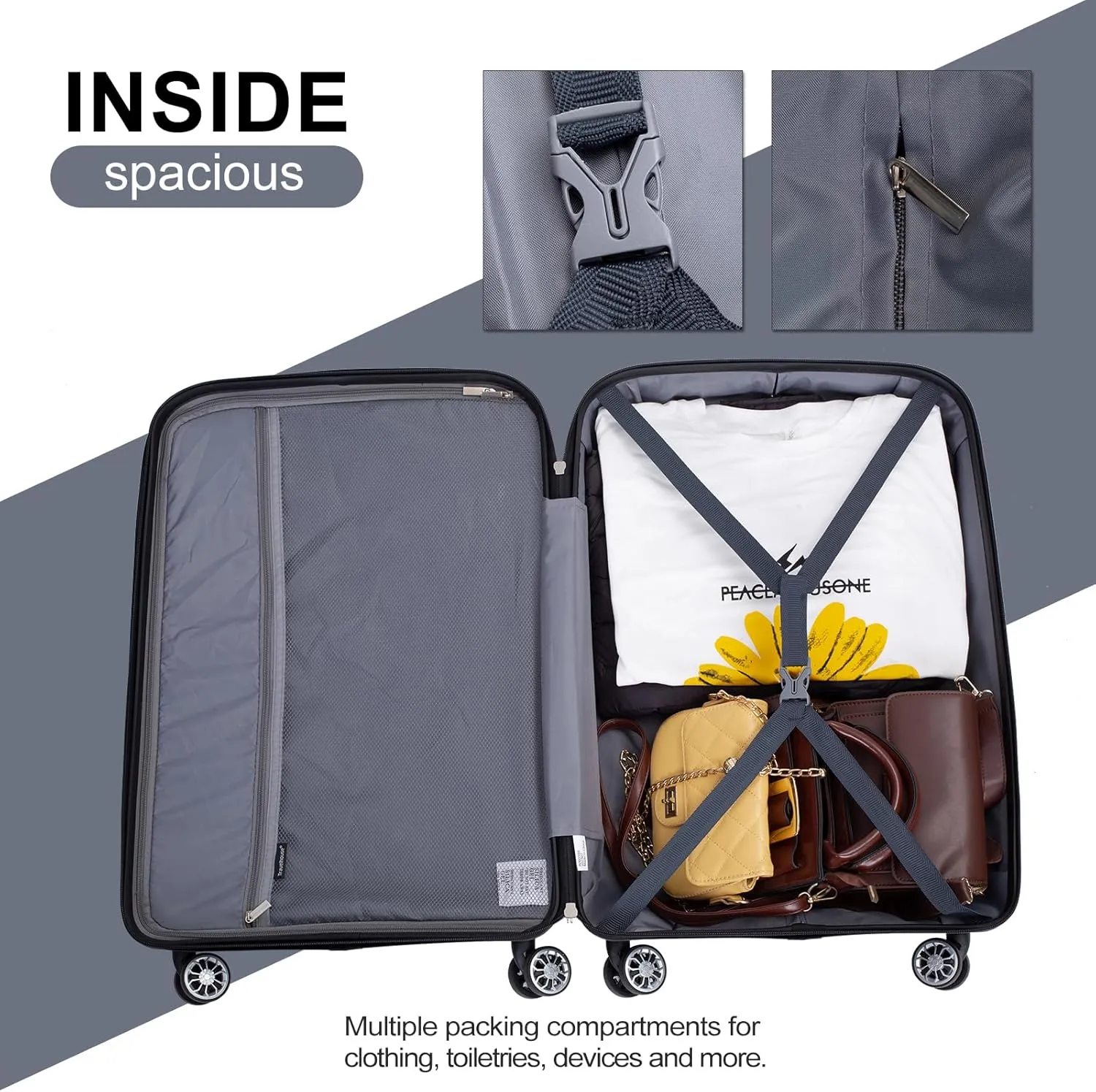 Travelhouse Luggage Set with Double Spinner Wheel,PP Hardside 3 PIECE Suitcase Set with Spinner Wheel, Carry on set with TSA Lock (GRAY)