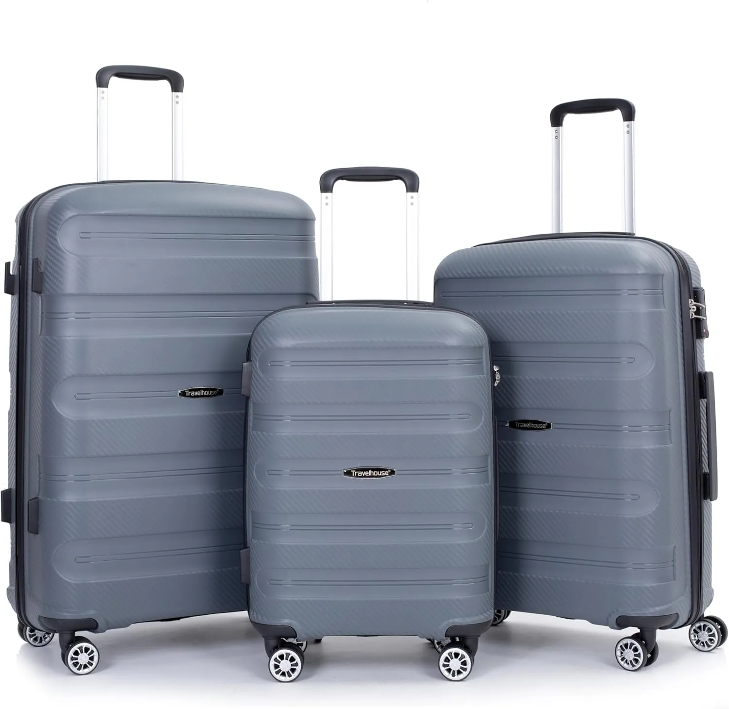 Travelhouse Luggage Set with Double Spinner Wheel,PP Hardside 3 PIECE Suitcase Set with Spinner Wheel, Carry on set with TSA Lock (GRAY)