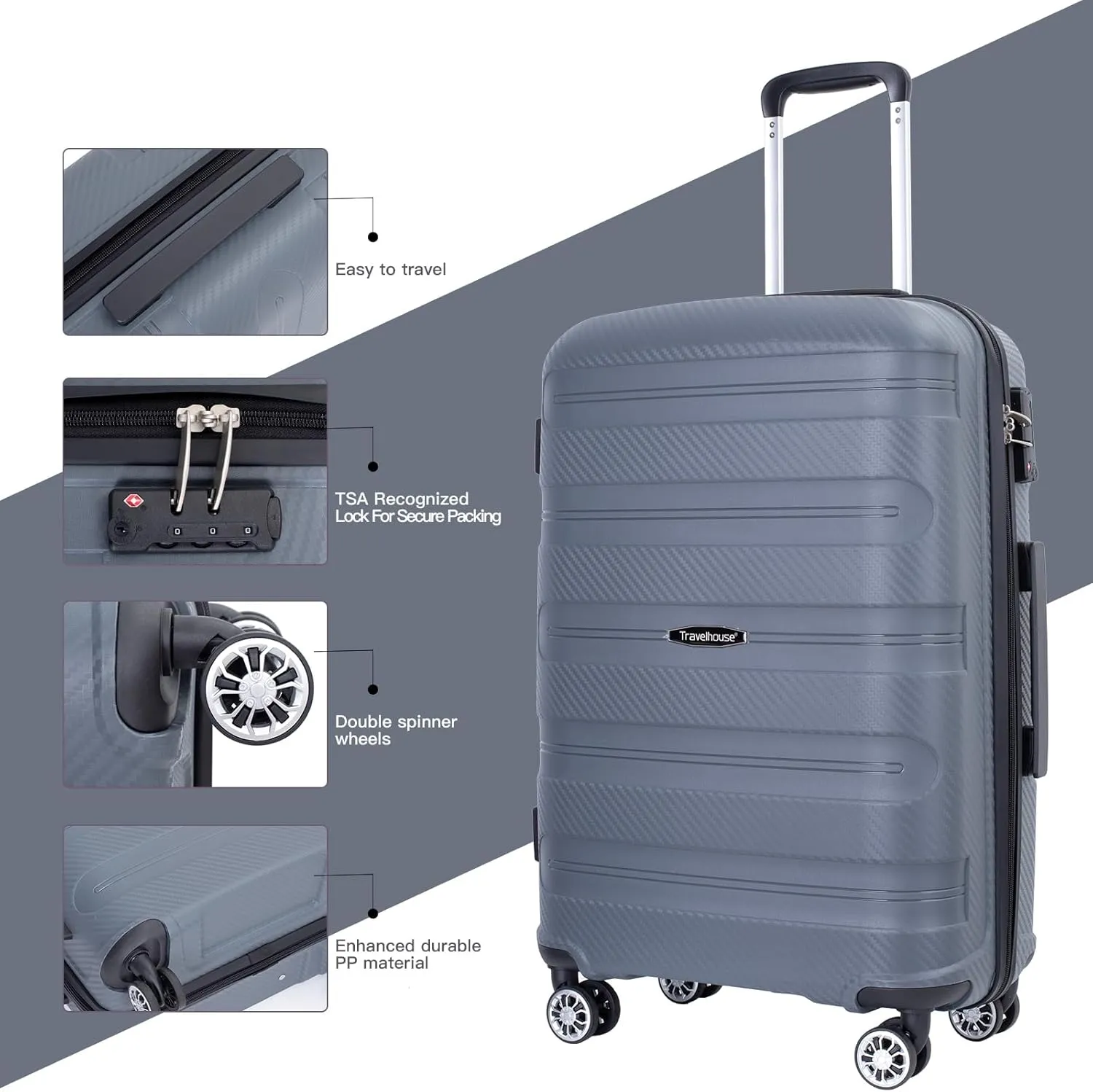 Travelhouse Luggage Set with Double Spinner Wheel,PP Hardside 3 PIECE Suitcase Set with Spinner Wheel, Carry on set with TSA Lock (GRAY)