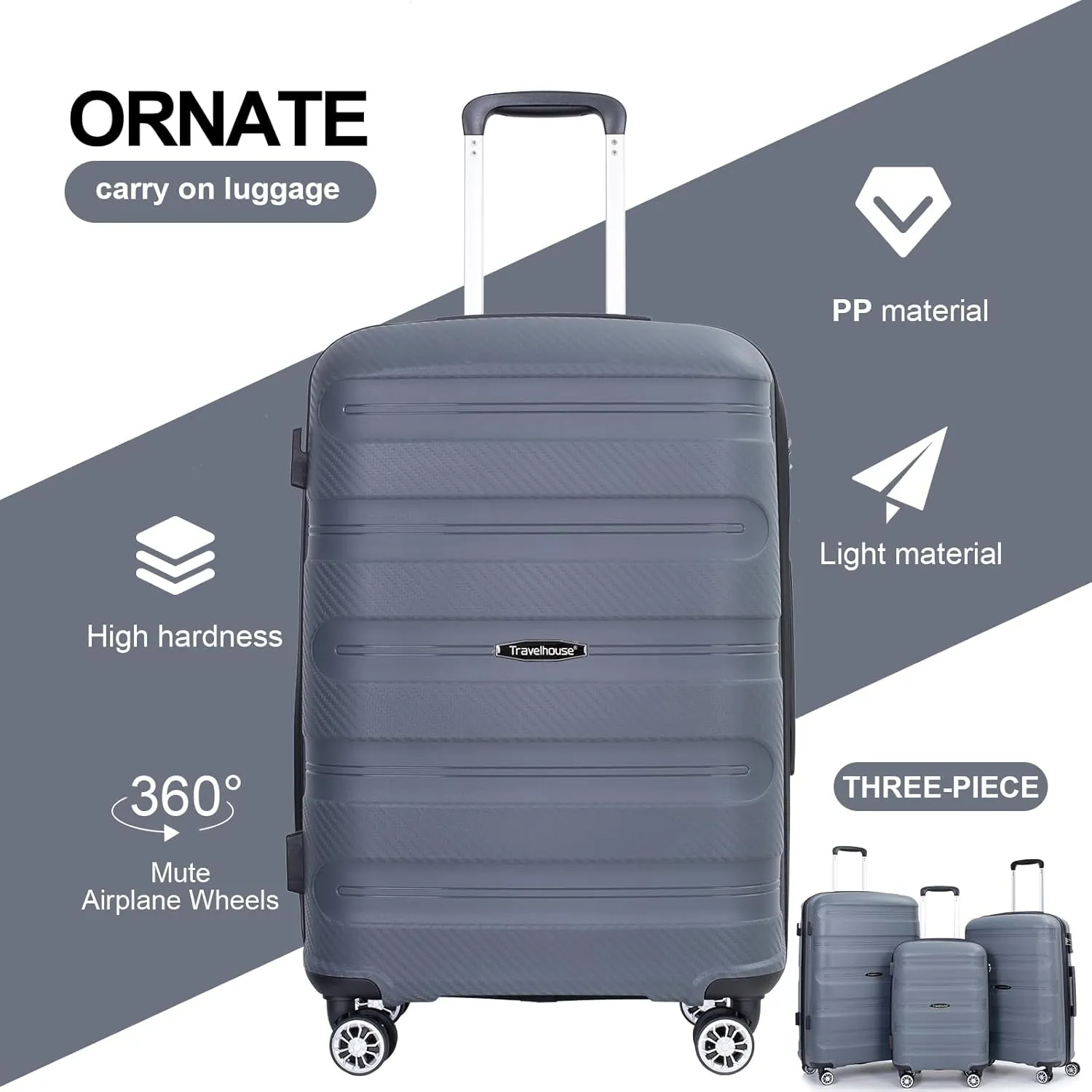 Travelhouse Luggage Set with Double Spinner Wheel,PP Hardside 3 PIECE Suitcase Set with Spinner Wheel, Carry on set with TSA Lock (GRAY)