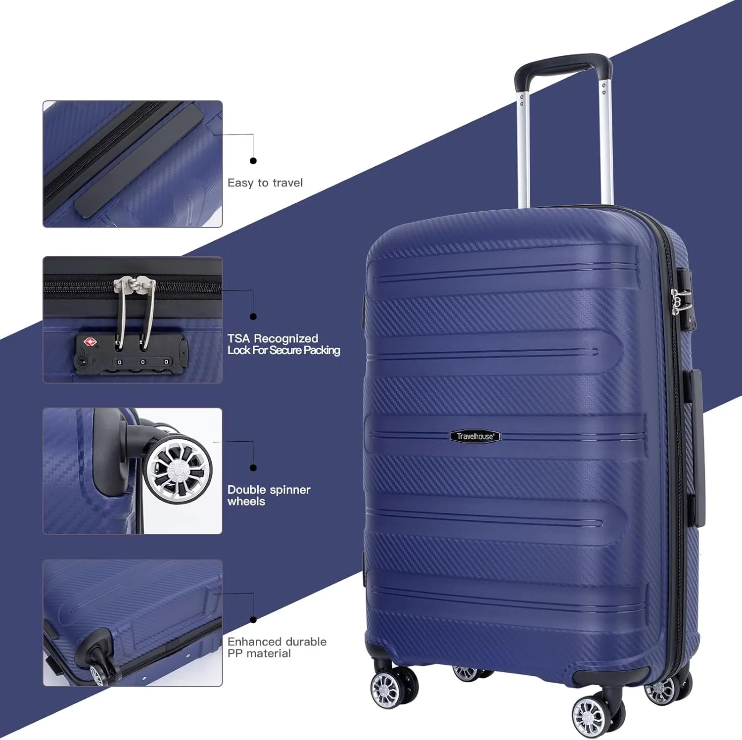 Travelhouse Luggage Set with Double Spinner Wheel,PP Hardside 3 PIECE Suitcase Set with Spinner Wheel, Carry on set with TSA Lock (NAVY)