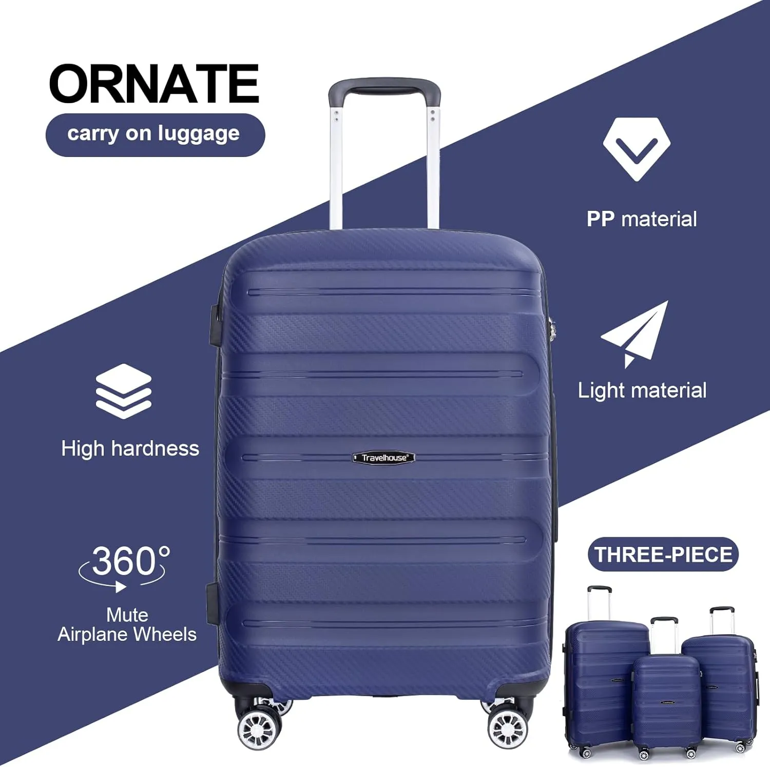 Travelhouse Luggage Set with Double Spinner Wheel,PP Hardside 3 PIECE Suitcase Set with Spinner Wheel, Carry on set with TSA Lock (NAVY)