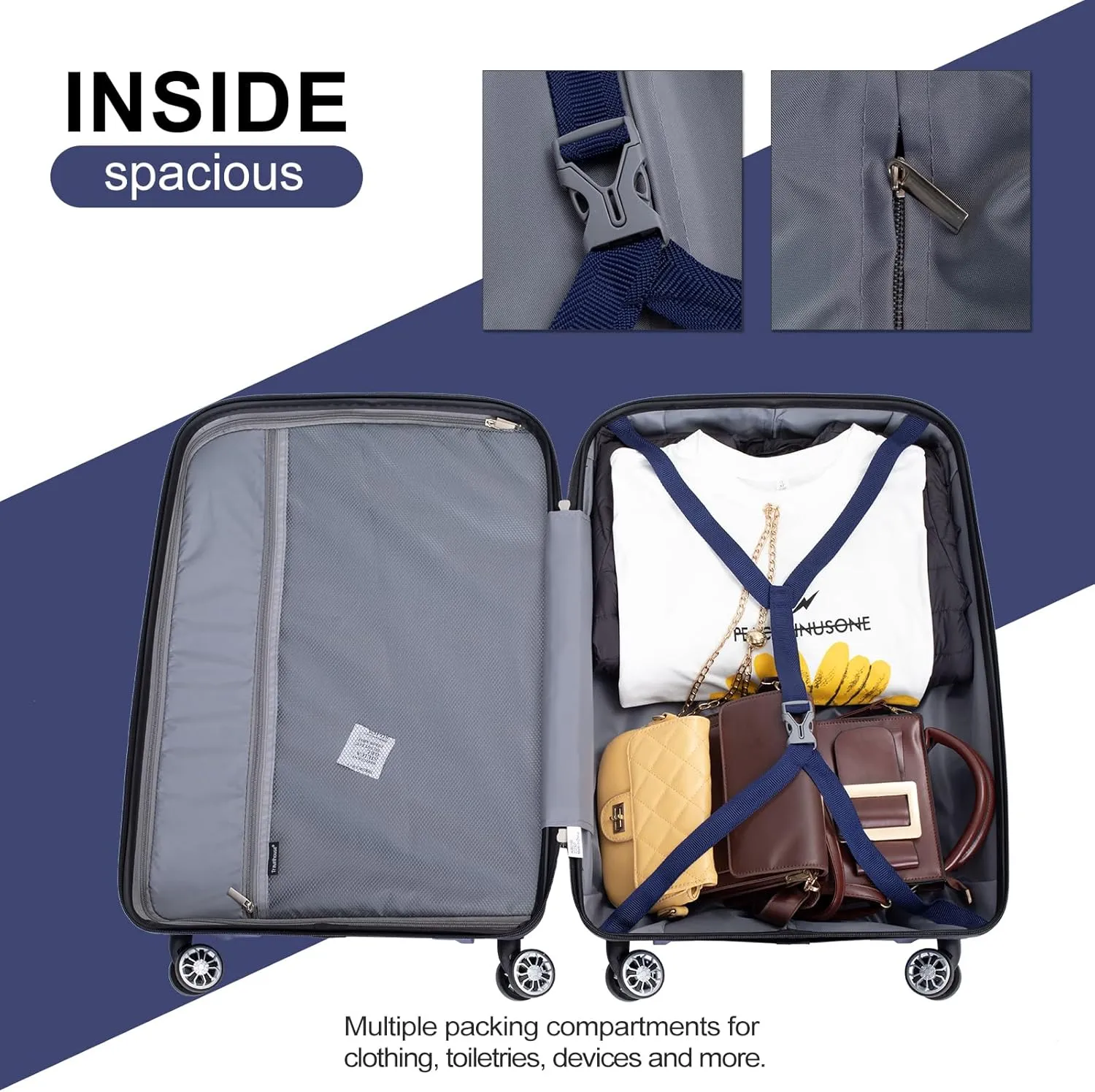 Travelhouse Luggage Set with Double Spinner Wheel,PP Hardside 3 PIECE Suitcase Set with Spinner Wheel, Carry on set with TSA Lock (NAVY)