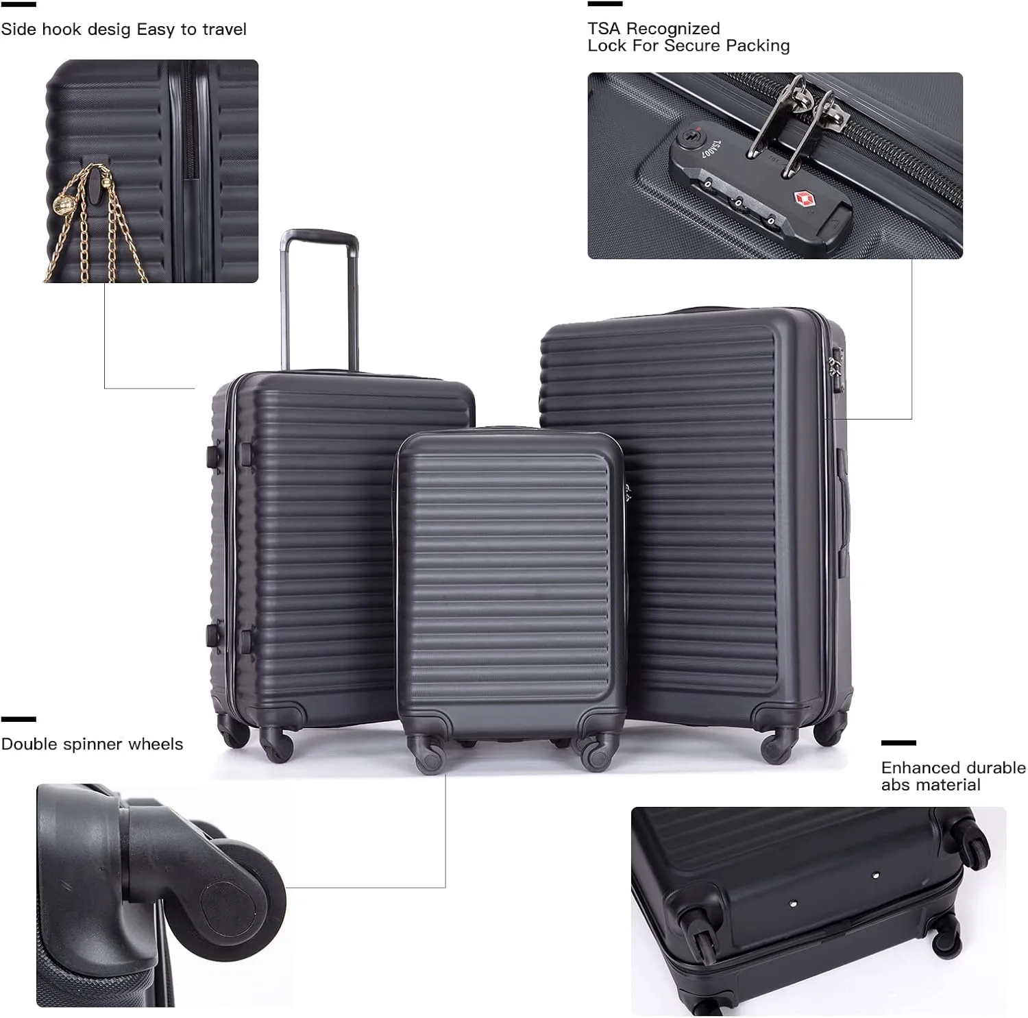 Travelhouse suitcases set 3-Piece Hardshell Luggage Set with Spinner Wheels & TSA Locks PP suitcases luggage (Black, 3-Piece Set (20/24/28))
