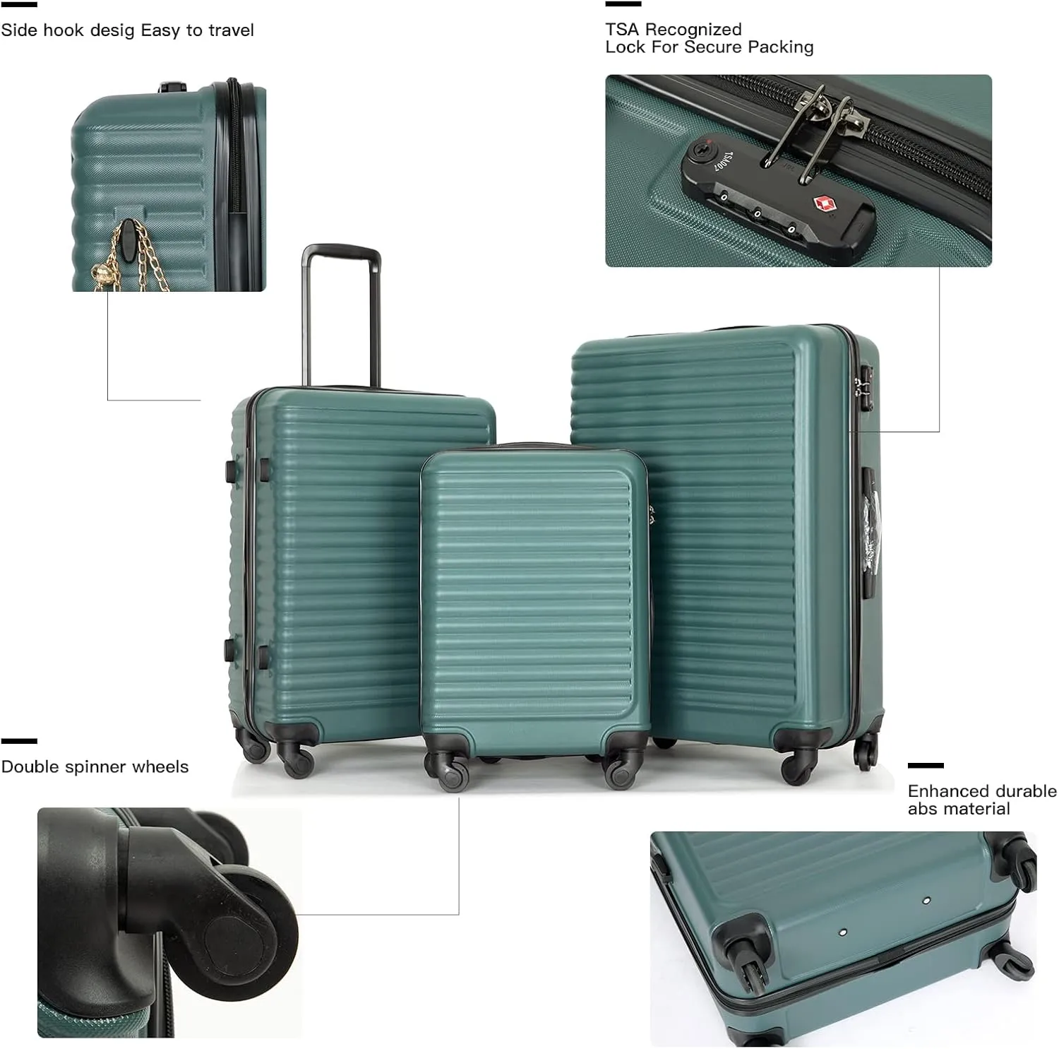 Travelhouse suitcases set 3-Piece Hardshell Luggage Set with Spinner Wheels & TSA Locks PP suitcases luggage (Green, 3-Piece Set (20/24/28))