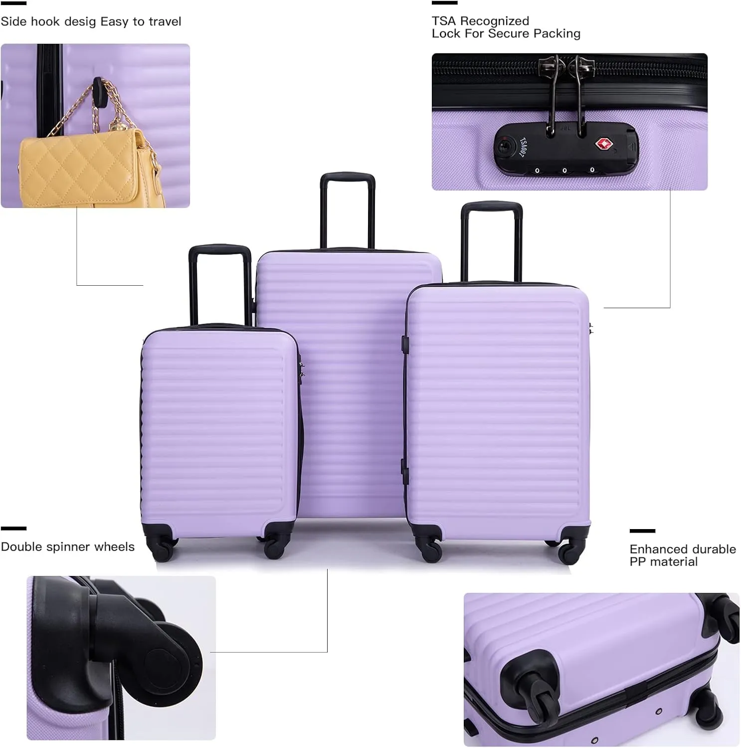 Travelhouse suitcases set 3-Piece Hardshell Luggage Set with Spinner Wheels & TSA Locks PP suitcases luggage (light purple, 3-Piece Set (20/24/28))